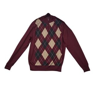 Barbour Sweater Mens Large Red Bordeaux 100% Merino Wool Argyle Half Zip Preppy‎